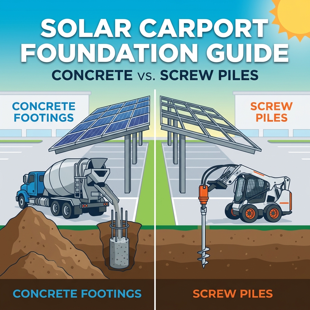 Solar Carport Foundations: Concrete Footings vs Screw Piles